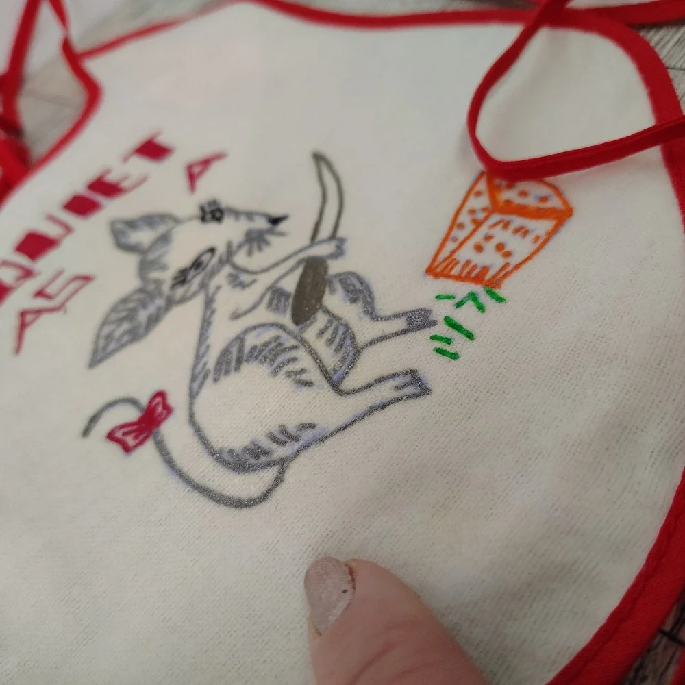 Vintage Baby Bibs Set‎ of 4 Animal Designs Red Trim Funny Cute Mouse Kitten Bear